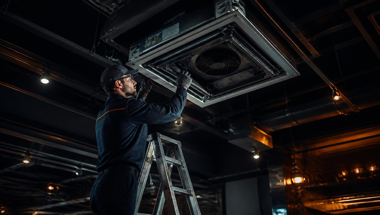 Técnico realizando manutenção em ar-condicionado cassete industrial